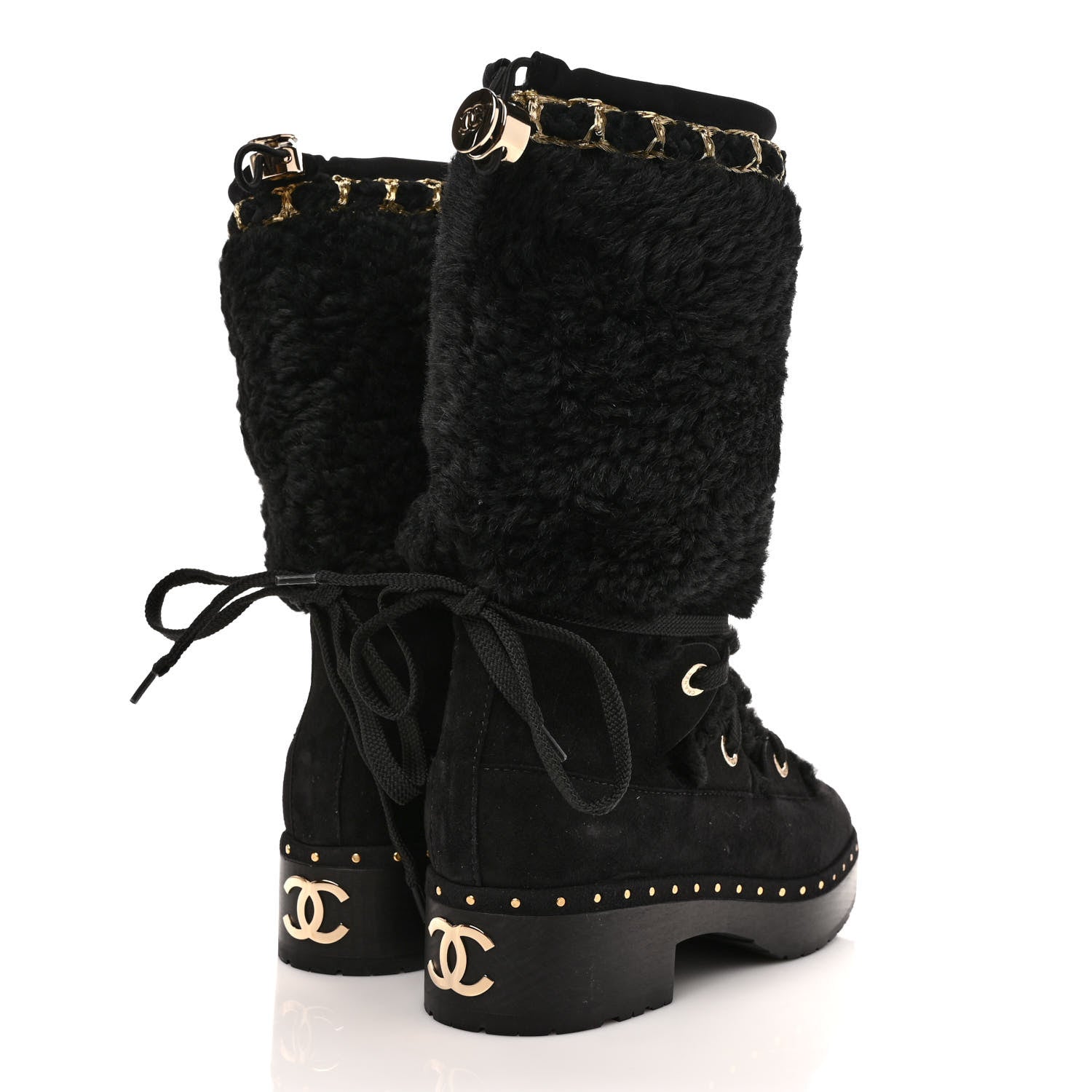 Chanel Suede Shearling Chain Studded CC High Boot 38 Black 4 of 9