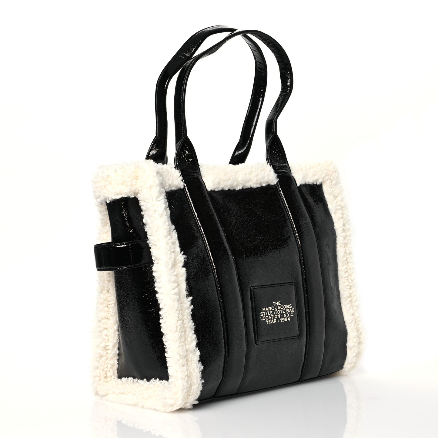 Shiny Calfskin Faux Shearling Large The Traveler Tote Bag Black