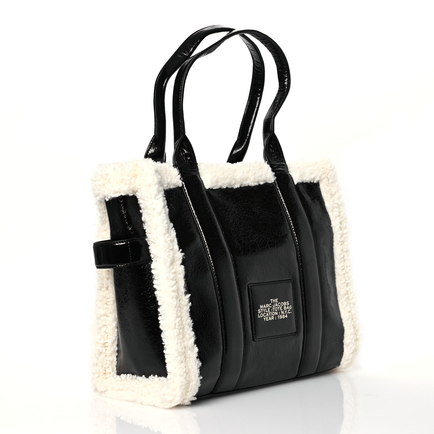 Marc Jacobs Shiny Calfskin Faux Shearling Large The Traveler Tote Bag Black 2 of 12