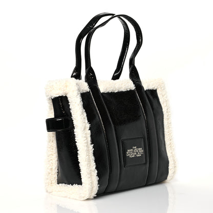 Marc Jacobs Shiny Calfskin Faux Shearling Large The Traveler Tote Bag Black 2 of 12