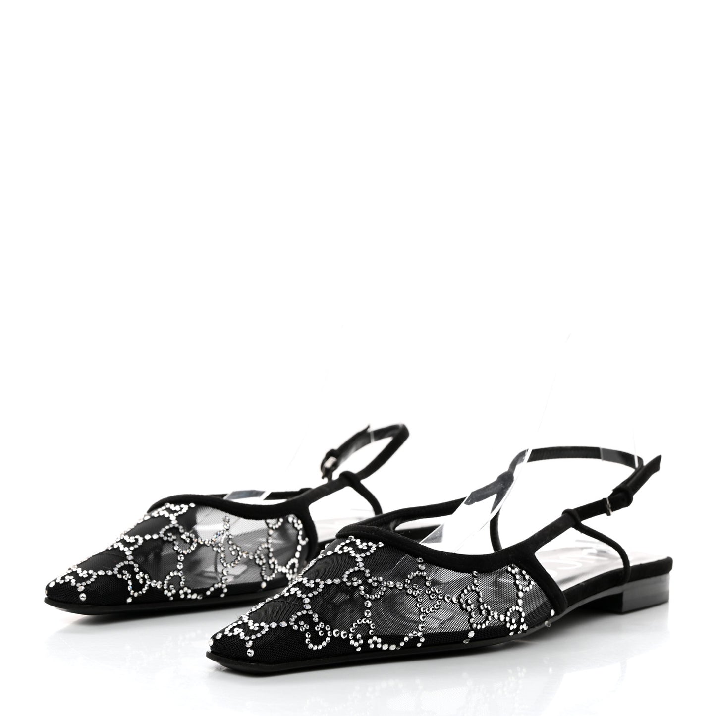 Suede Mesh Crystal GG Monogram Slingback Ballet Flats 39 Black