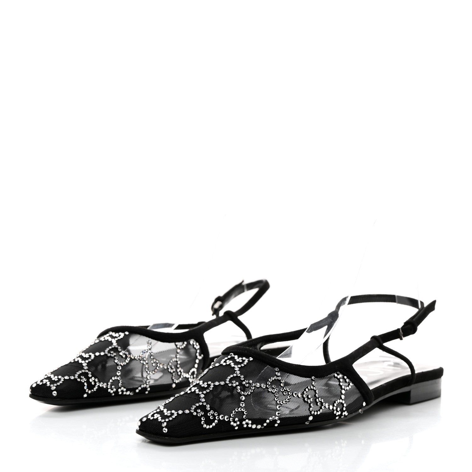 Gucci Suede Mesh Crystal GG Monogram Slingback Ballet Flats 39 Black 3 of 9