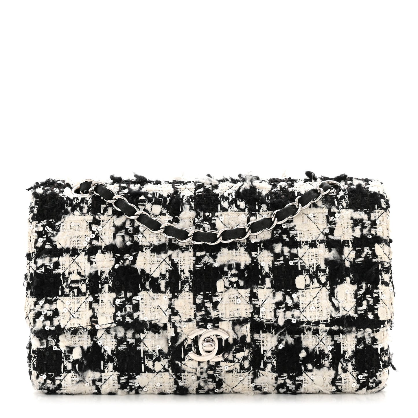 Tweed Quilted Medium Double Flap Black Ecru White