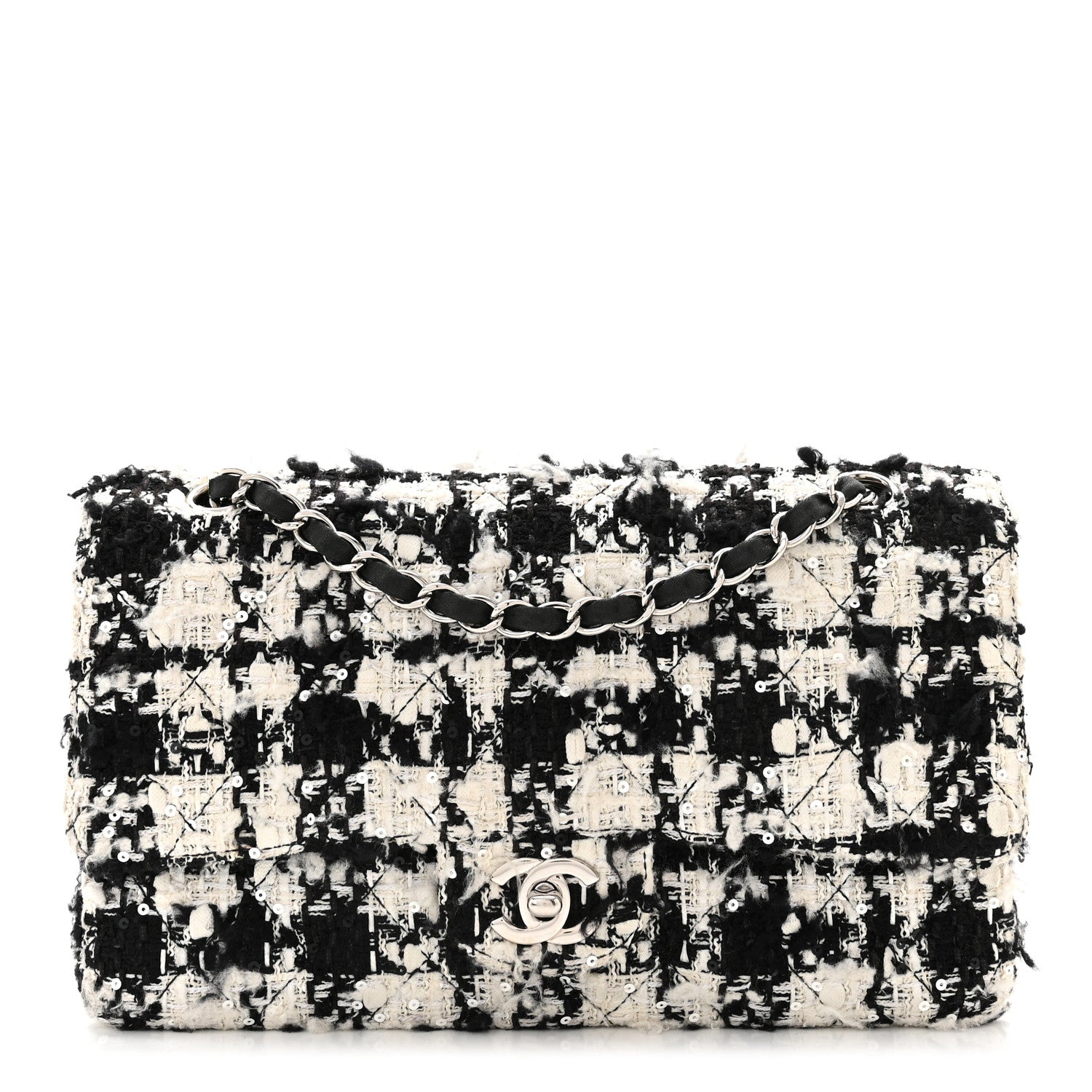 Chanel Tweed Quilted Medium Double Flap Black Ecru White 1 of 10