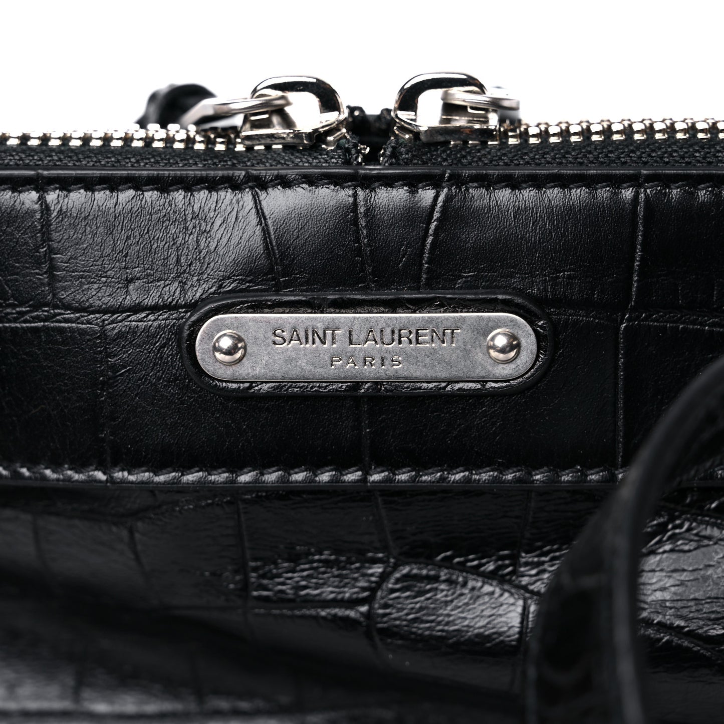 Calfskin Crocodile Embossed Large Convertible ID Bag Black