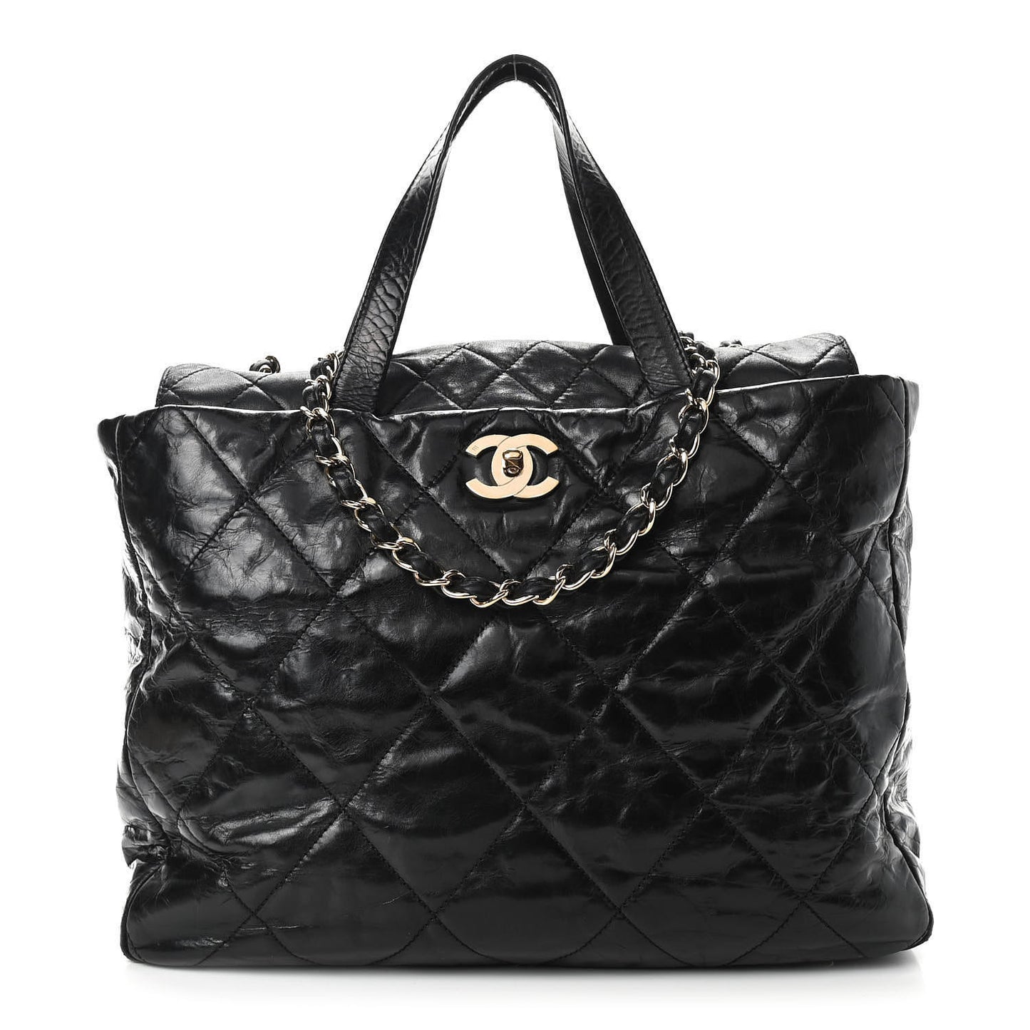 Glazed Calfskin Lambskin Quilted Portobello Tote Black