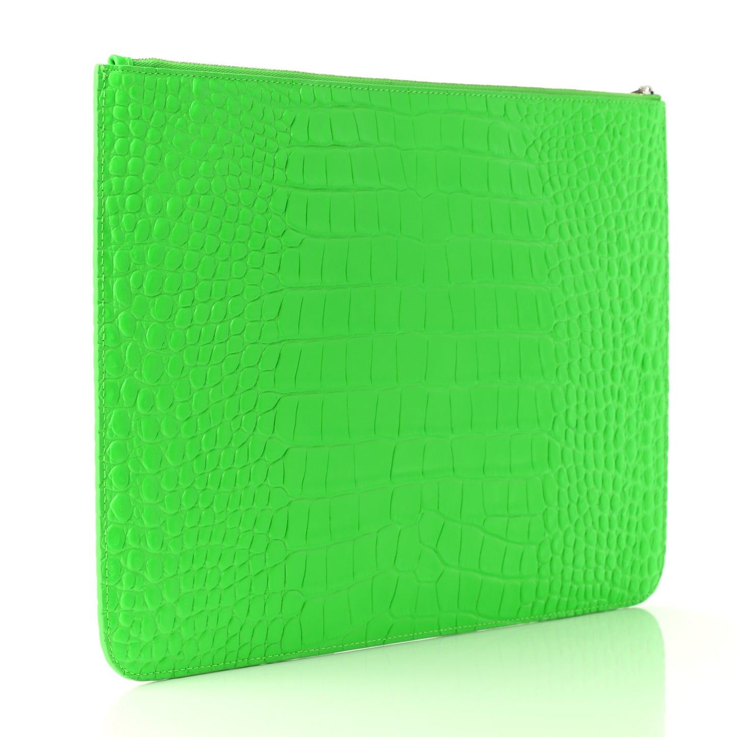 Shiny Calfskin Crocodile Embossed Large Cash Pouch With Handle Fluo Green Black