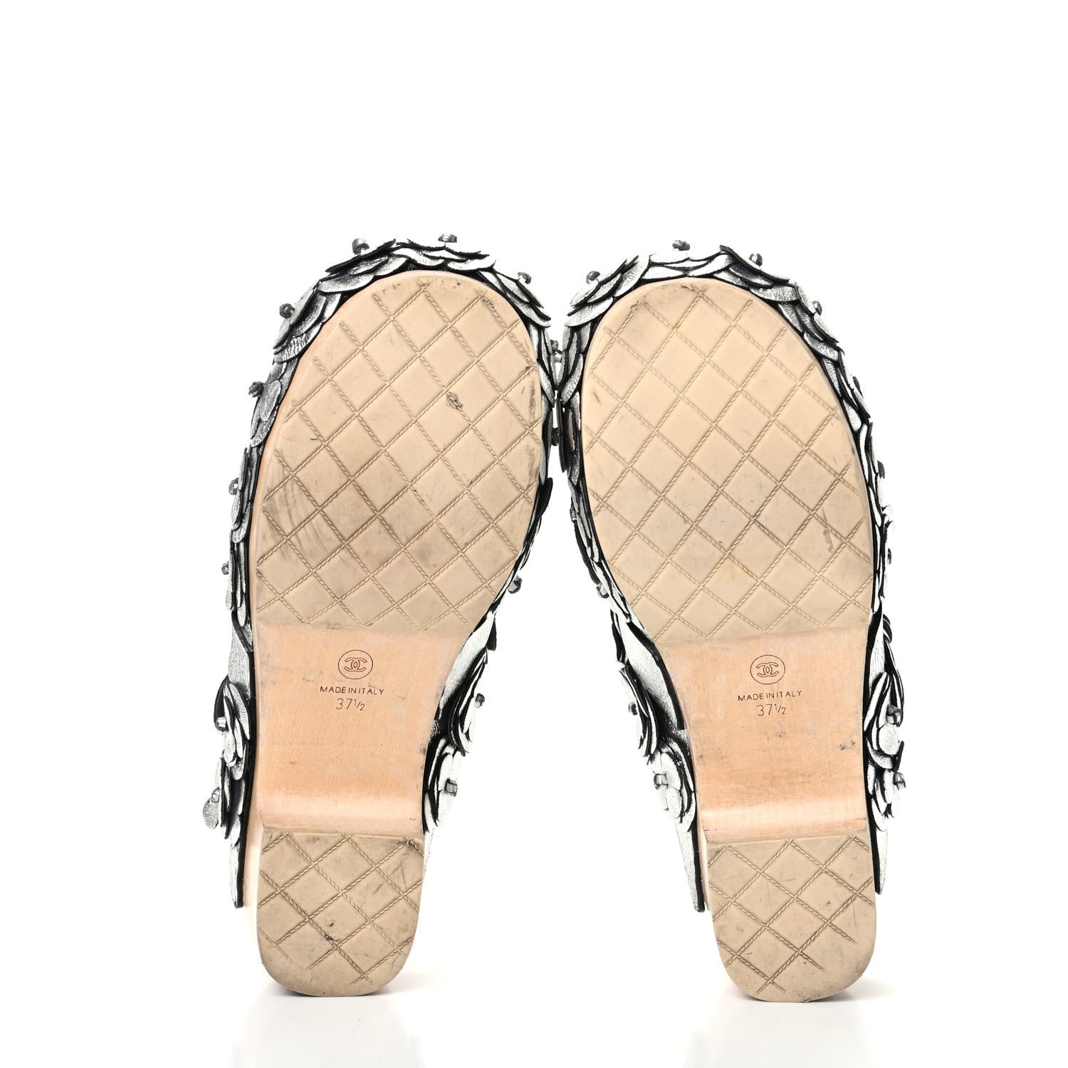 Chanel Metallic Crumpled Lambskin Wooden Camellia Mules 37.5 Silver 5 of 12