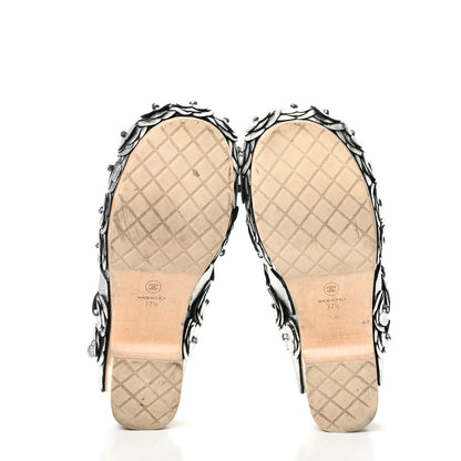Chanel Metallic Crumpled Lambskin Wooden Camellia Mules 37.5 Silver 5 of 12