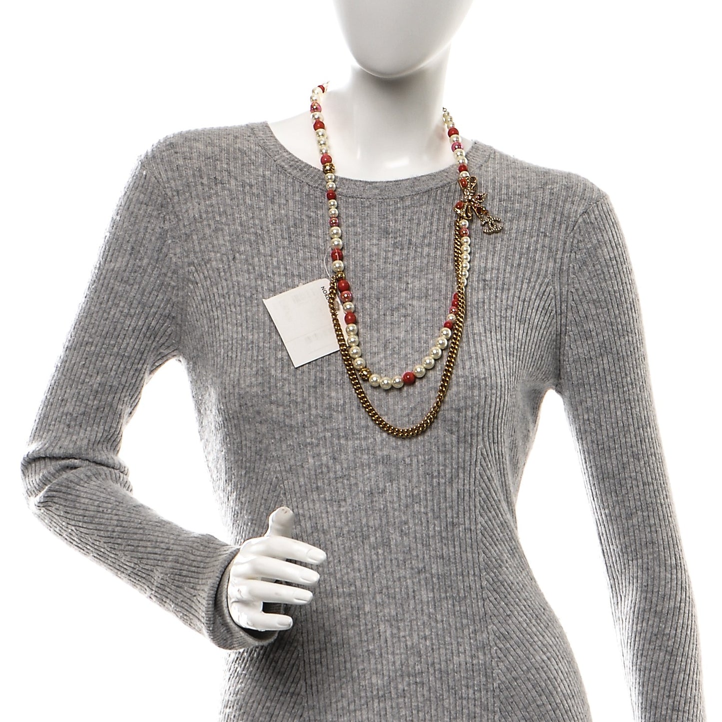 Pearl Crystal Bow Long Necklace Gold Red