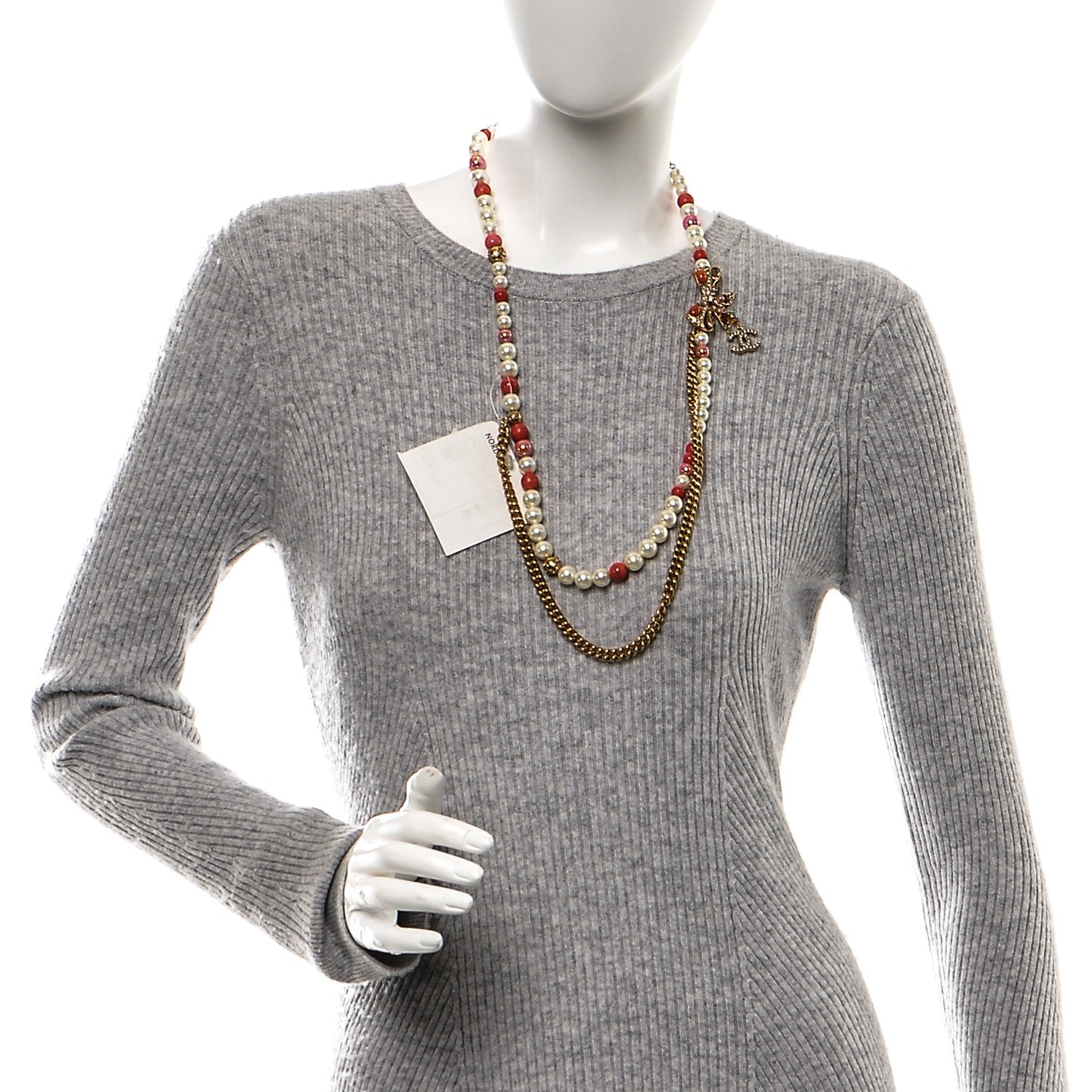 Chanel Pearl Crystal Bow Long Necklace Gold Red 2 of 5