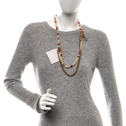 Chanel Pearl Crystal Bow Long Necklace Gold Red 2 of 5
