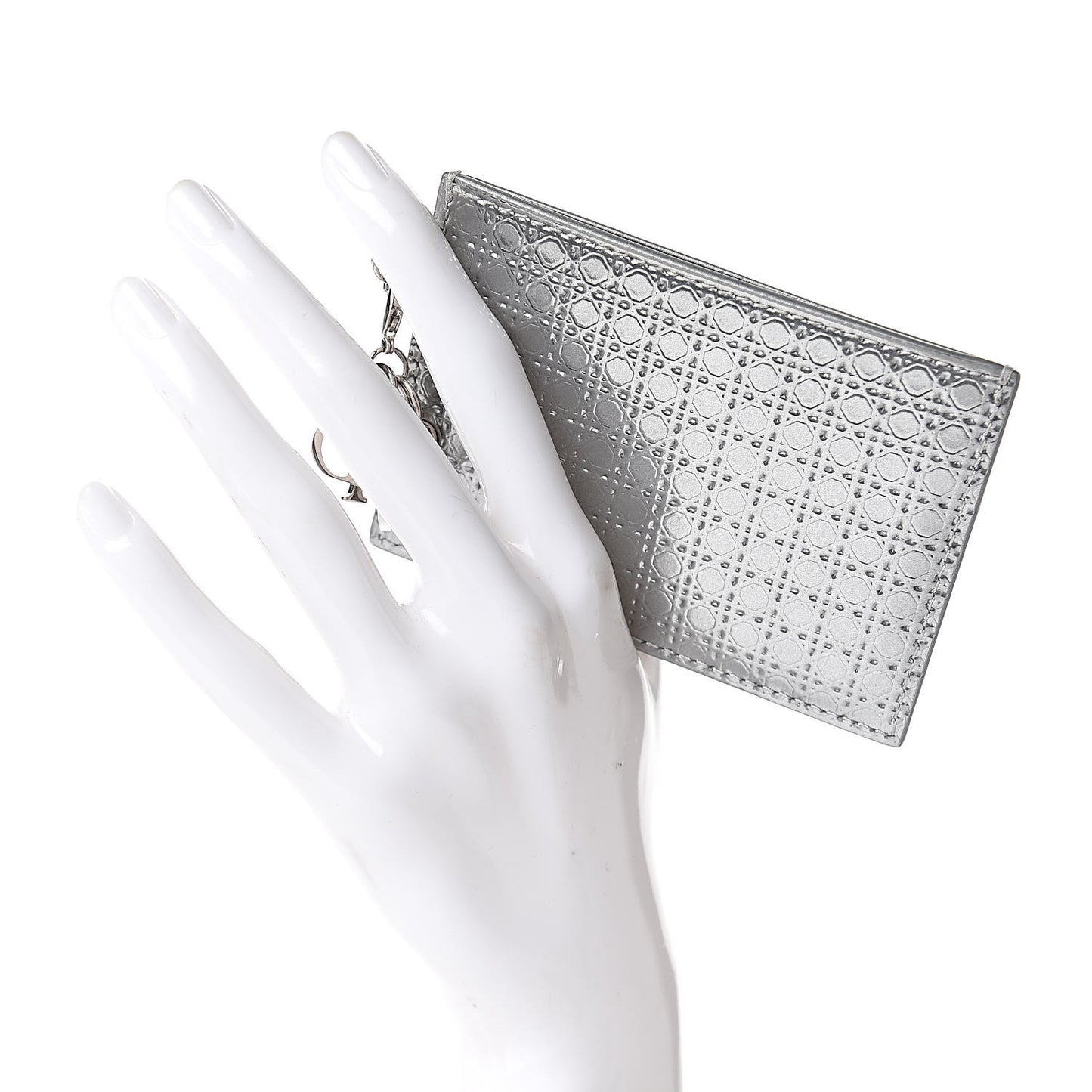 Metallic Patent Micro-Cannage Lady Dior Card Holder Silver