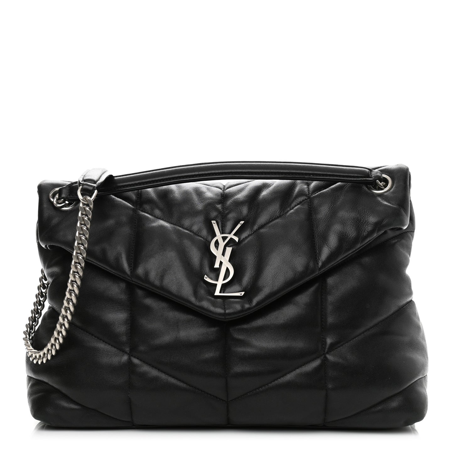 Lambskin Quilted Medium Loulou Puffer Monogram Chain Satchel Black