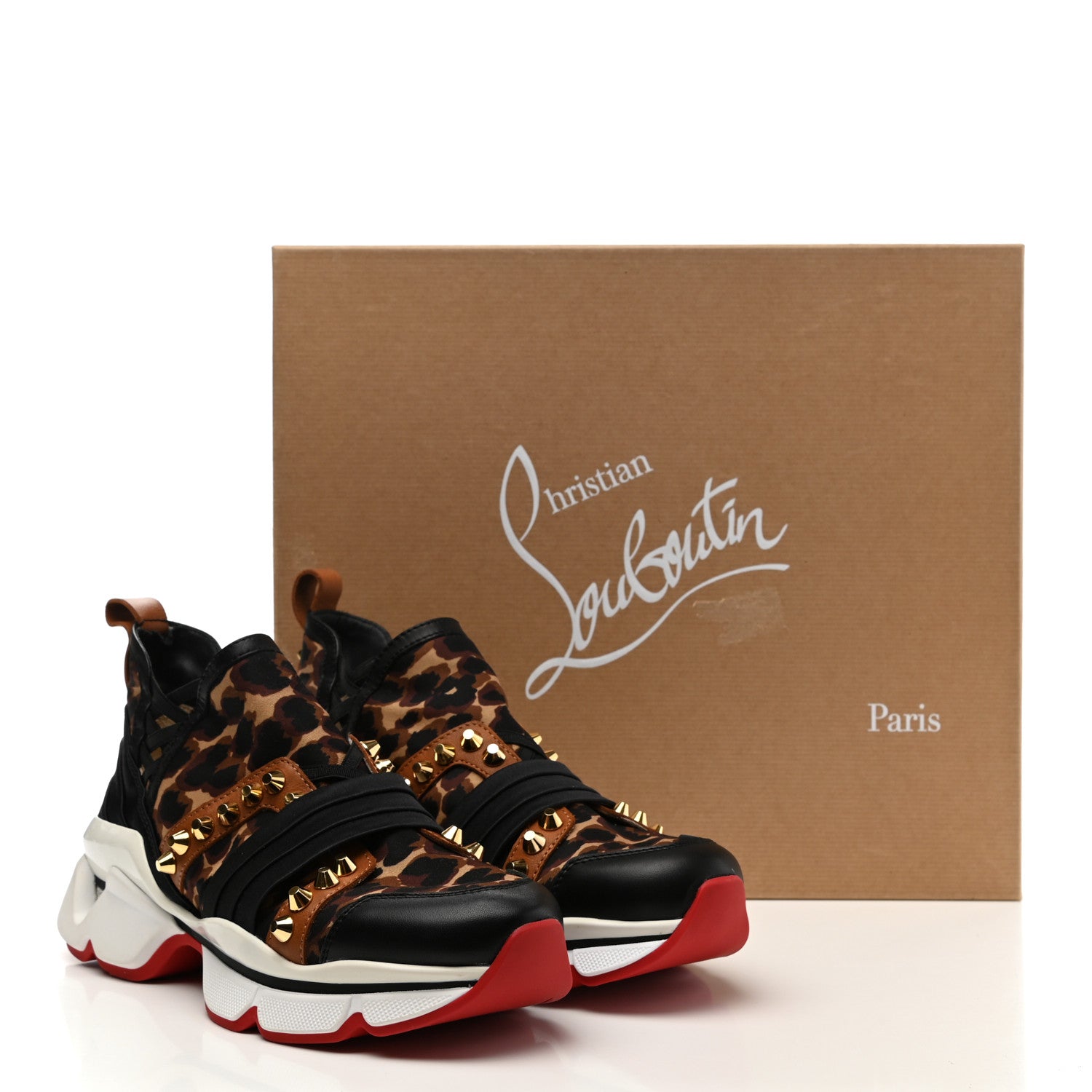 Christian Louboutin Calfskin Neoprene Leopard Studded Donna Flat Sneakers 35.5 Black Marron 10 of 10