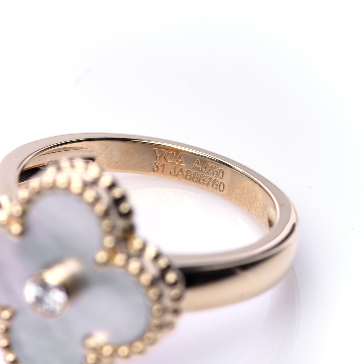 18K Yellow Gold Diamond Mother of Pearl Vintage Alhambra Ring 51 5.75