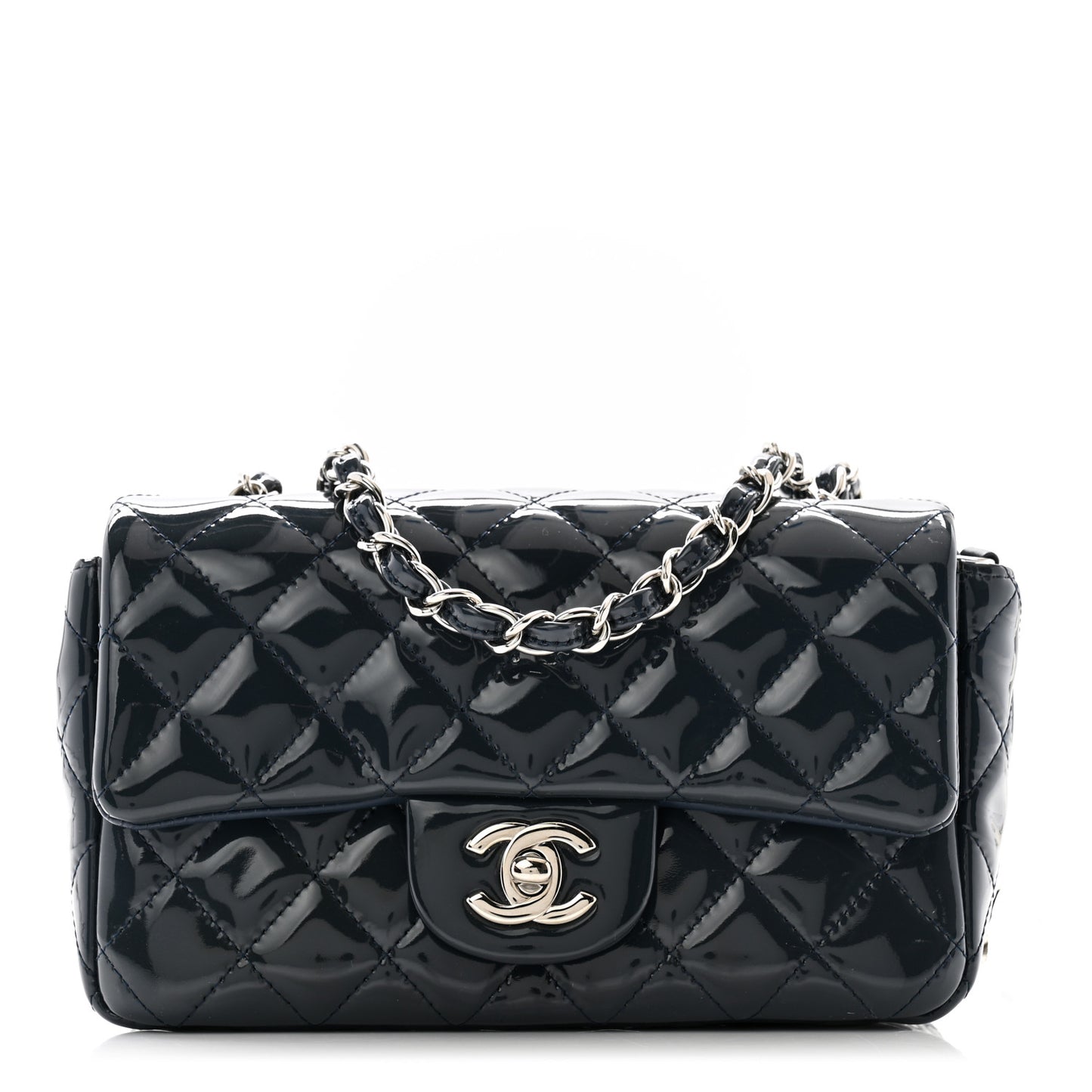 Patent Calfskin Quilted Mini Rectangular Flap Navy Blue