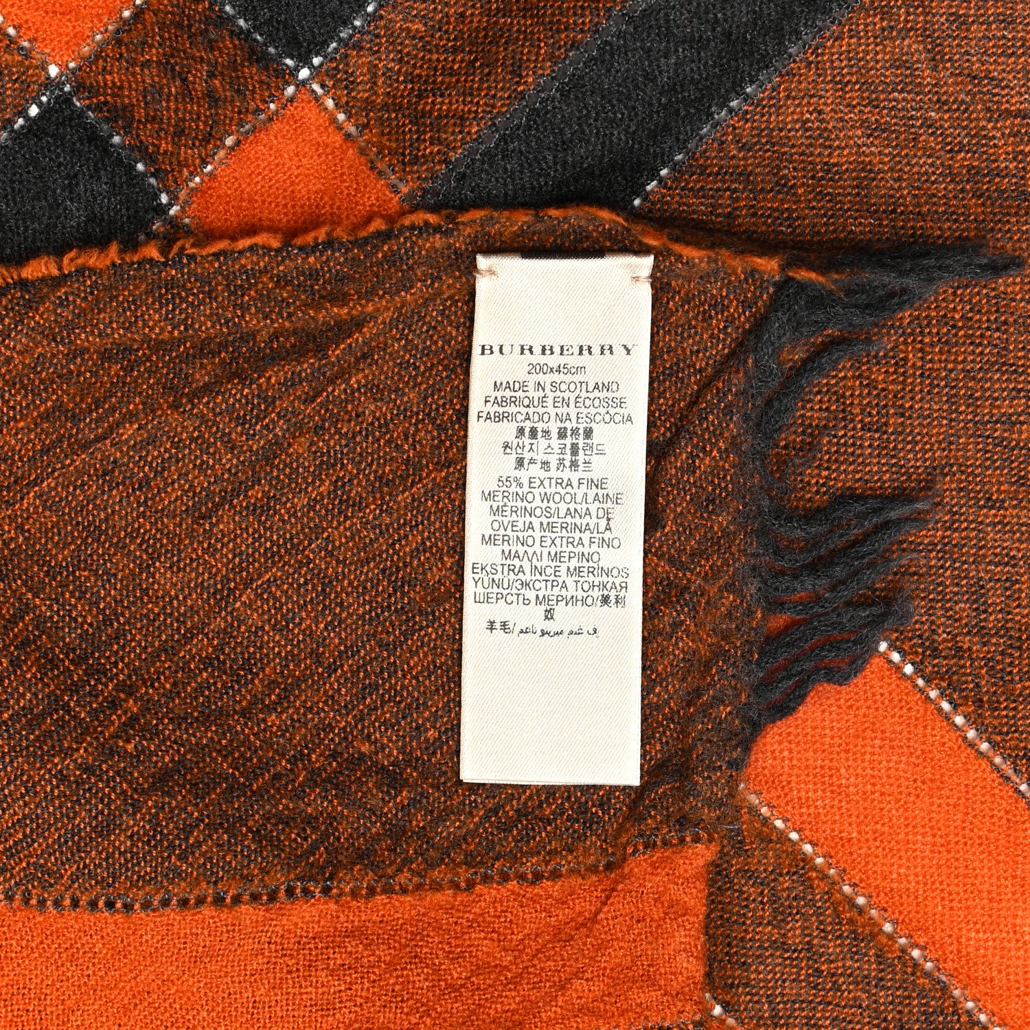 Burberry Wool Cashmere Check Fringe Scarf Orange Black 4 of 5