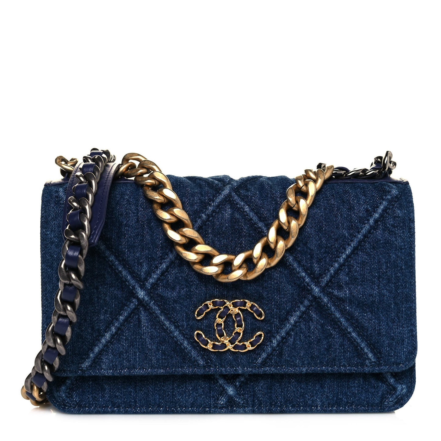 Denim Quilted Chanel 19 Wallet On Chain WOC Blue
