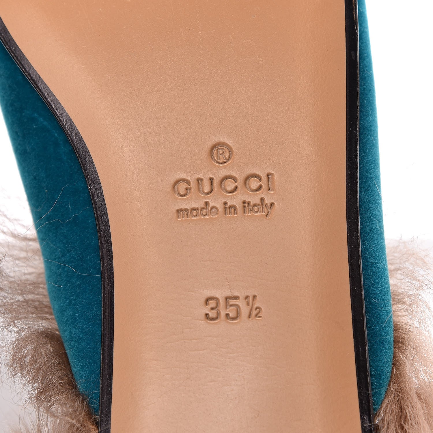 Gucci Velvet Fur Womens Princetown Slippers 35.5 Cyan 6 of 7
