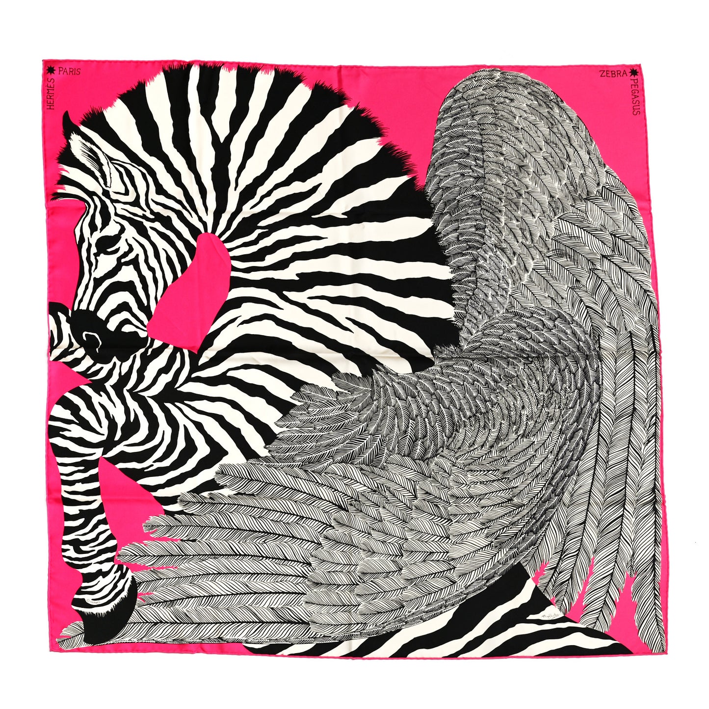 Silk Zebra Pegasus Scarf 90 Rose Vif Black Ivoire