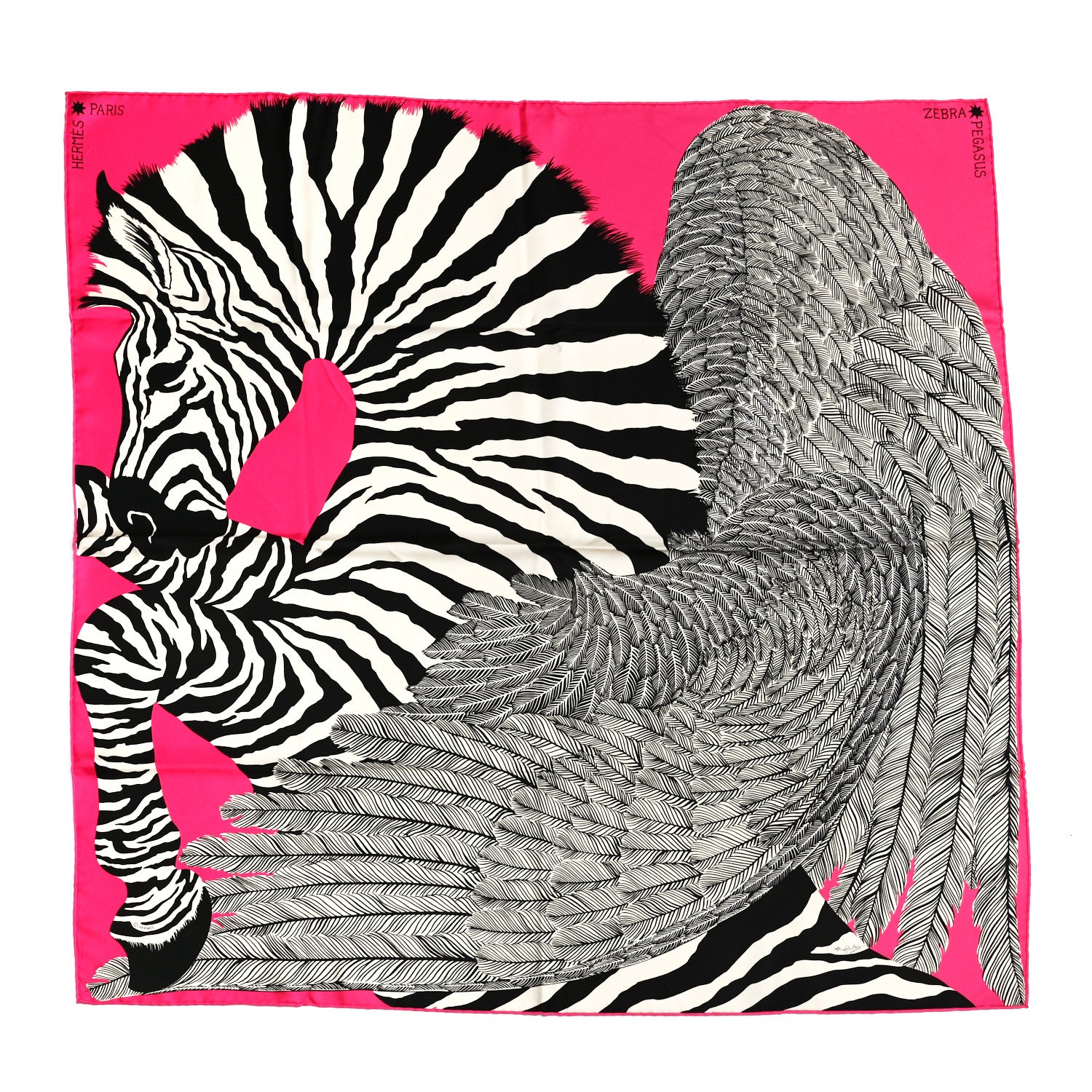 Hermes Silk Zebra Pegasus Scarf 90 Rose Vif Black Ivoire 1 of 6