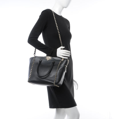 Valentino Garavani Vitello Rockstud Double Handle Tote Black 3 of 8
