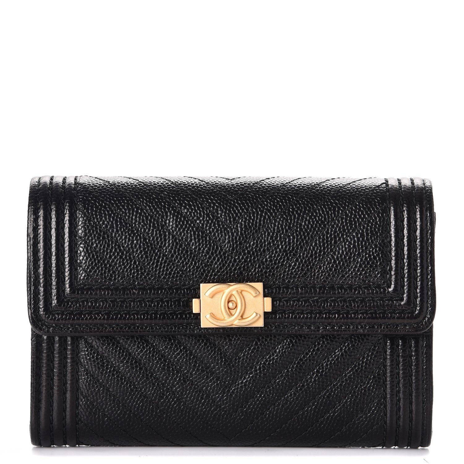 Chanel Caviar Chevron Quilted Medium Boy Flap Wallet Black 1 of 9