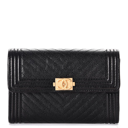 Chanel Caviar Chevron Quilted Medium Boy Flap Wallet Black 1 of 9