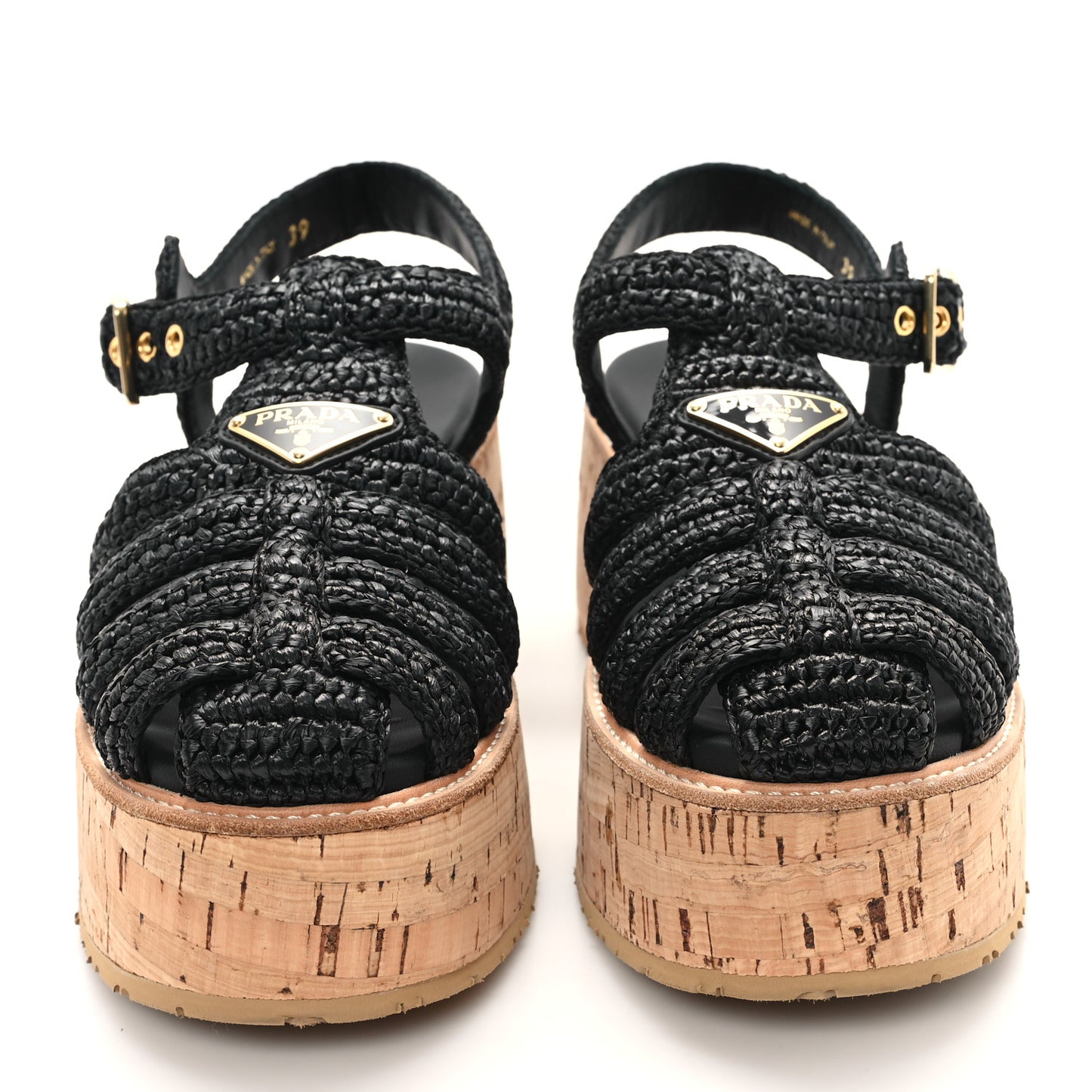 Raffia Cork Metal Triangle Logo Crochet Fisherman Platform 75mm Sandals 39 Black