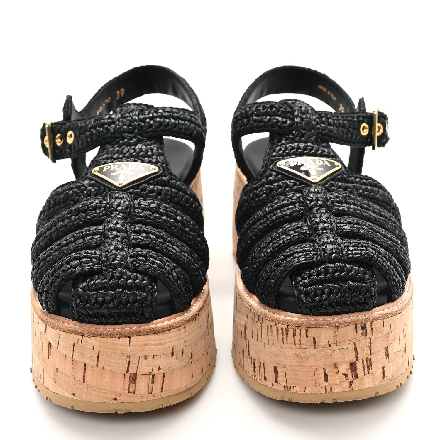 Prada Raffia Cork Metal Triangle Logo Crochet Fisherman Platform 75mm Sandals 39 Black 3 of 10
