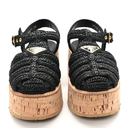 Prada Raffia Cork Metal Triangle Logo Crochet Fisherman Platform 75mm Sandals 39 Black 3 of 10