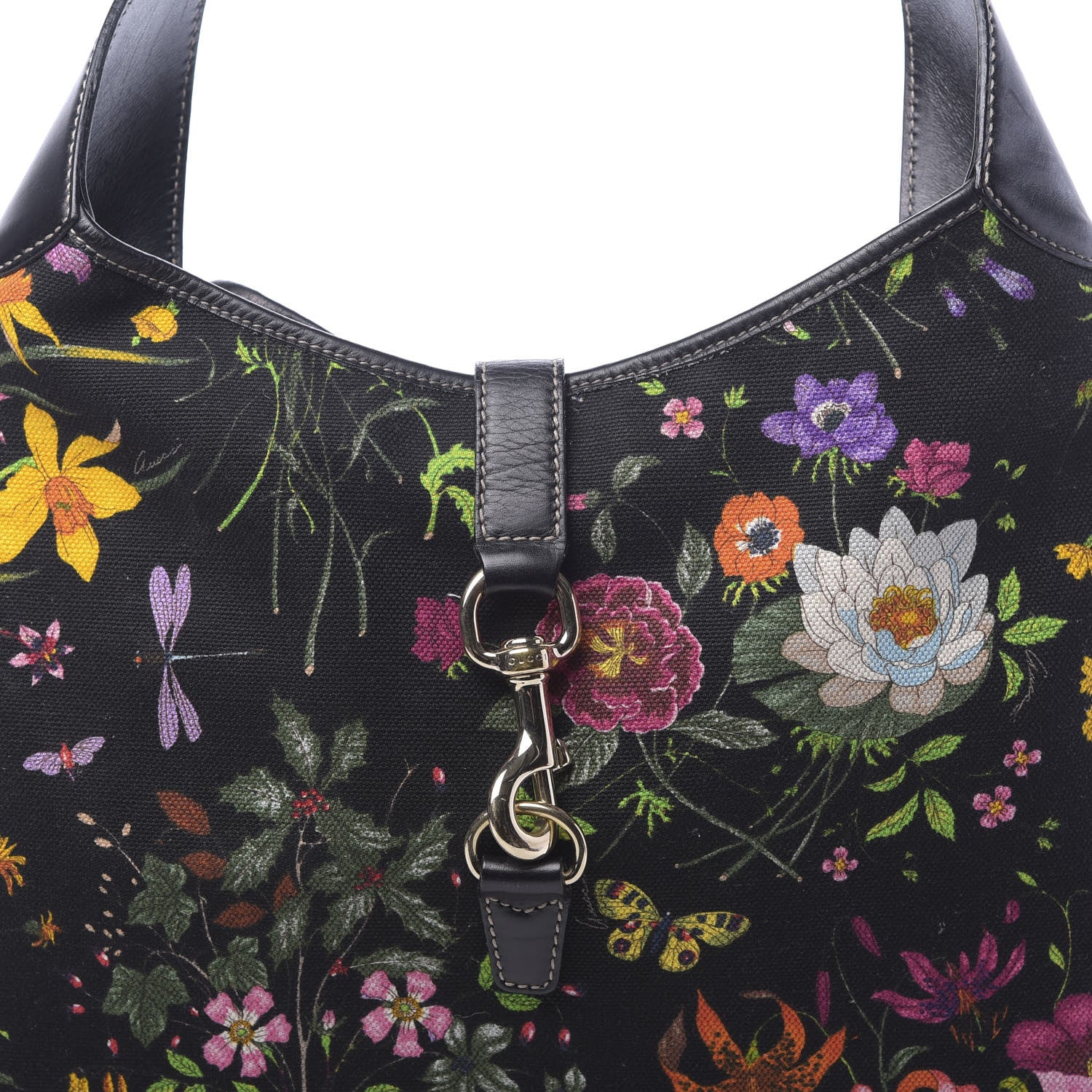 Gucci Canvas Floral Flora Large Jackie O Bouvier Hobo Black 10 of 10