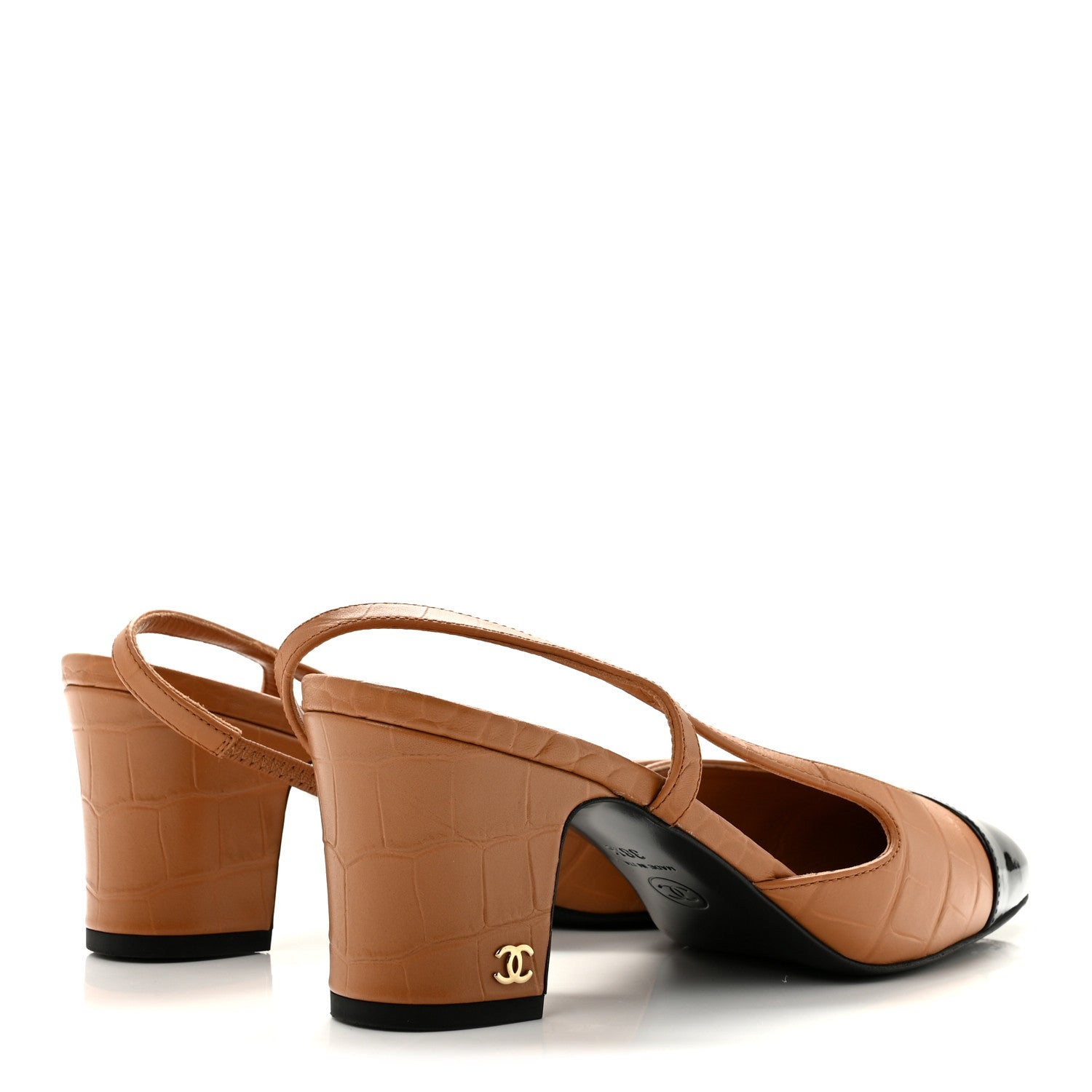 Chanel Calfskin Crocodile Embossed Patent Cap Toe CC Slingback Pumps 38.5 Light Brown Black 5 of 10