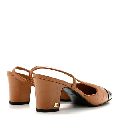 Chanel Calfskin Crocodile Embossed Patent Cap Toe CC Slingback Pumps 38.5 Light Brown Black 5 of 10