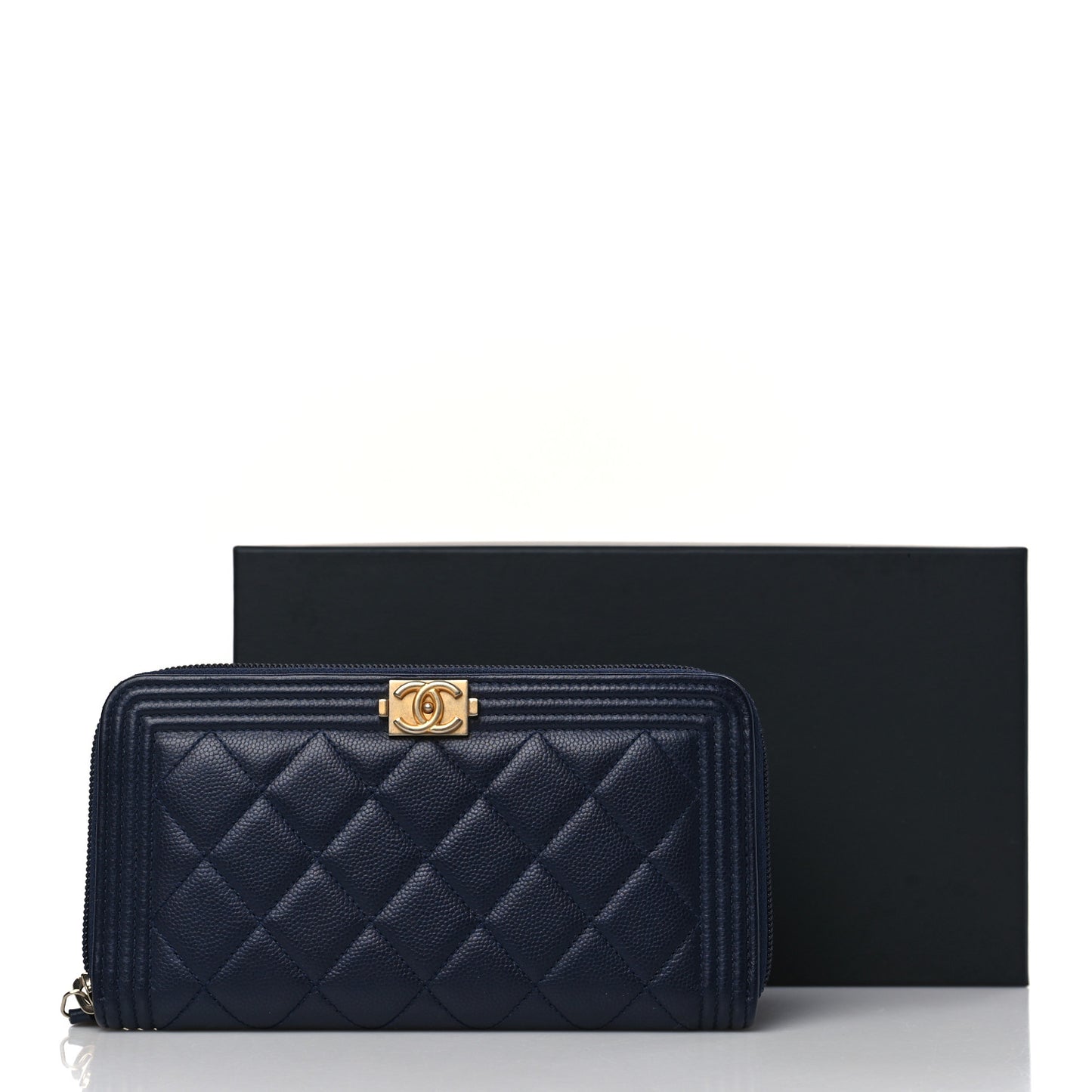 Caviar Quilted Boy Long Zip Around Wallet Navy