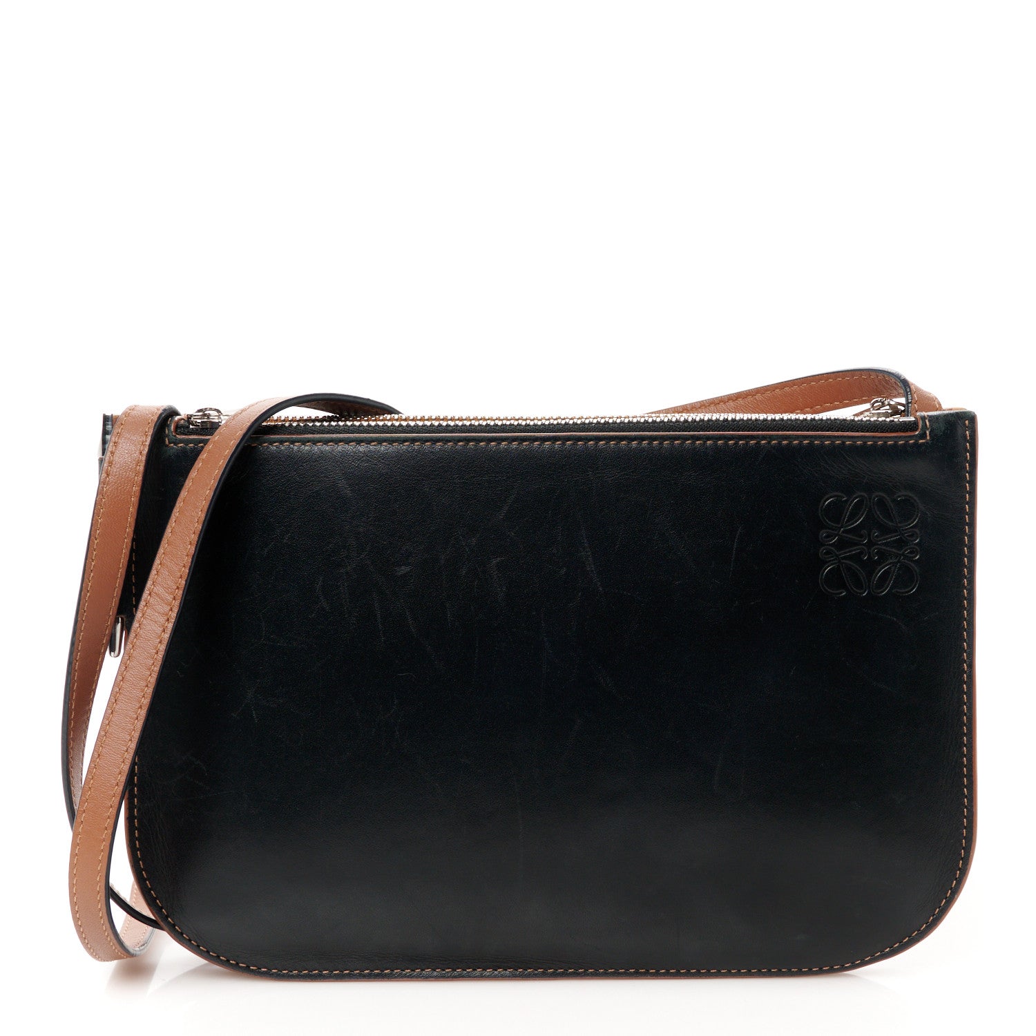 Loewe Calfskin Gate Double Zip Pouch Crossbody Black Tan 1 of 13