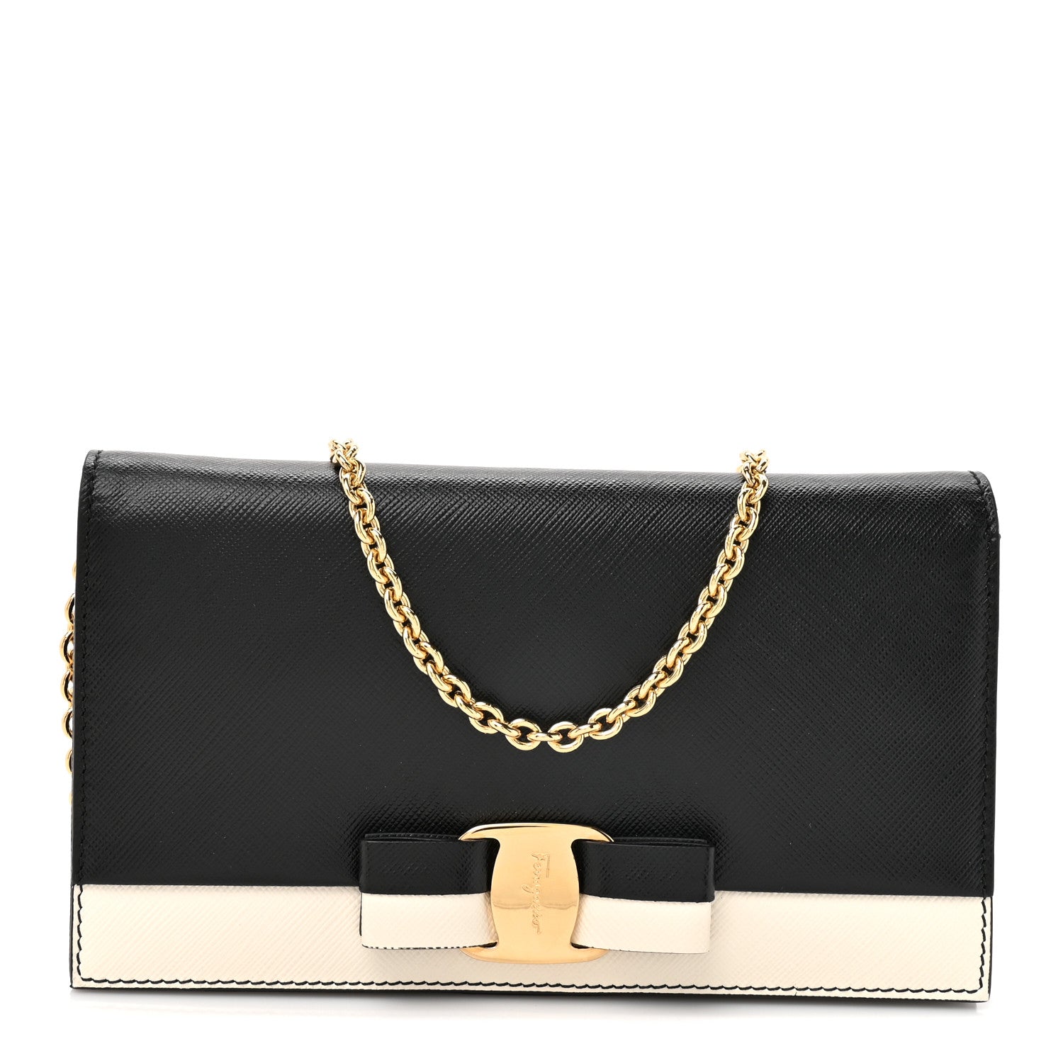 Salvatore Ferragamo Hammered Calfskin Vara Bow Chain Wallet Black White 1 of 11