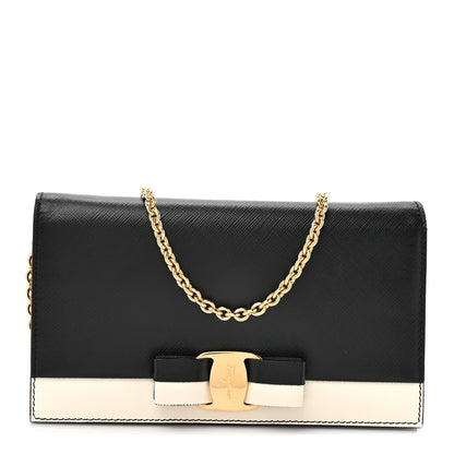 Salvatore Ferragamo Hammered Calfskin Vara Bow Chain Wallet Black White 1 of 11