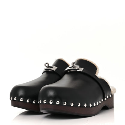 Hermes Calfskin Woolskin Carlotta Mules 37 Black 3 of 8