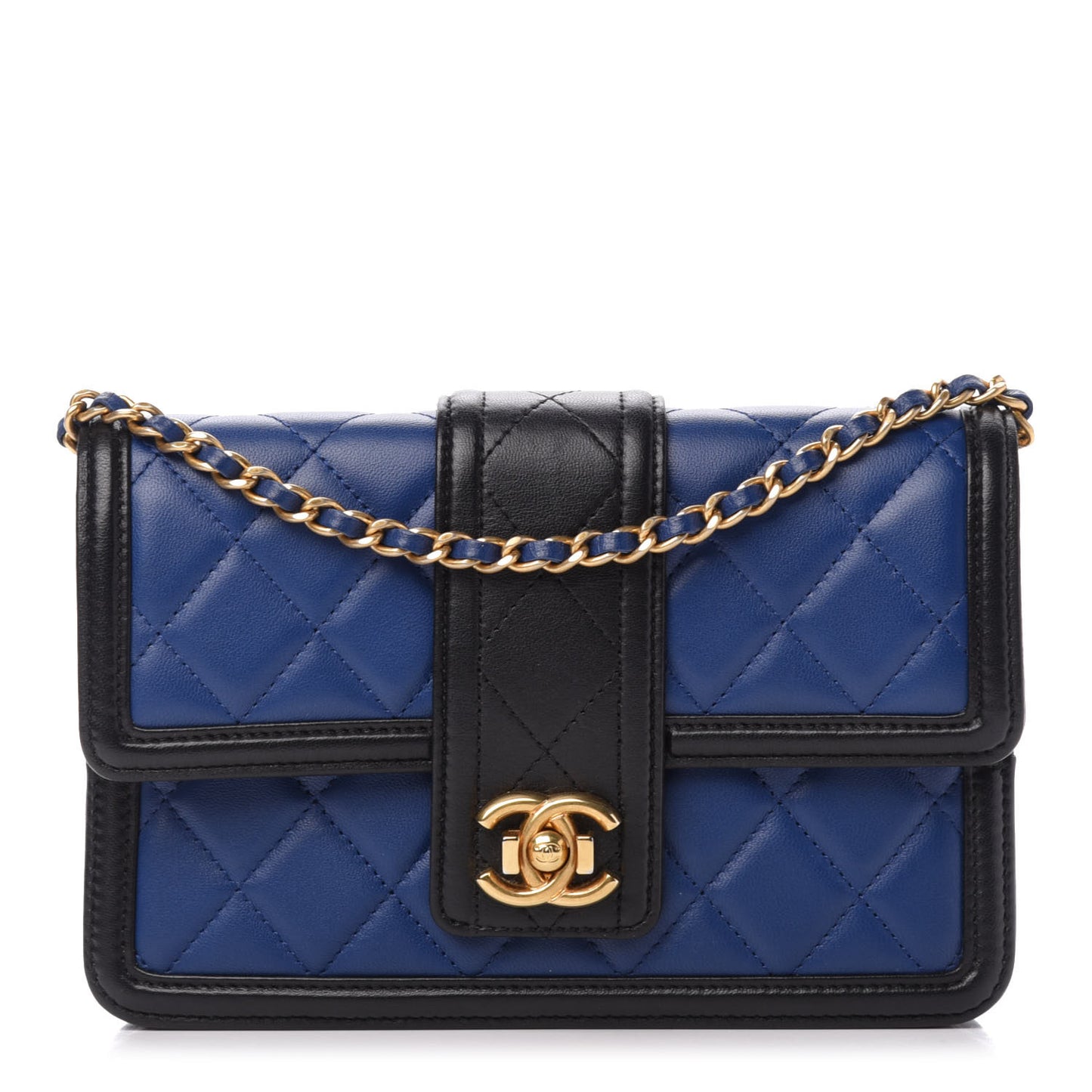Lambskin Quilted Elegant CC Wallet On Chain WOC Blue Black