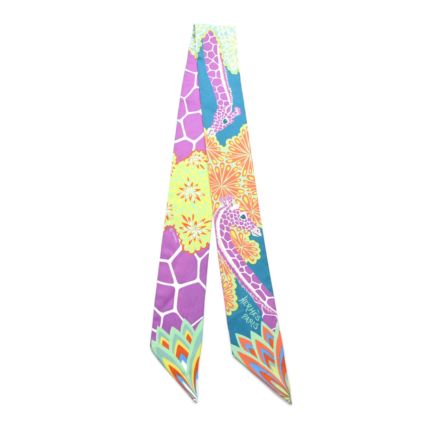 Hermes Silk The Three Graces Twilly Canard Mauve Jaune Fluo 2 of 4