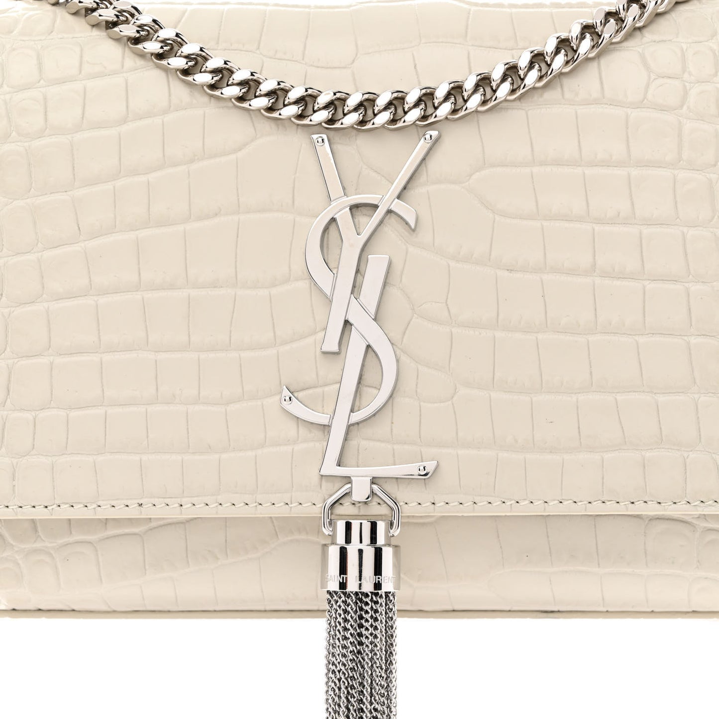 Calfskin Crocodile Embossed Small Classic Monogram Kate Tassel Satchel Blanc Vintage