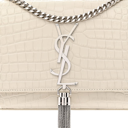 Saint Laurent Calfskin Crocodile Embossed Small Classic Monogram Kate Tassel Satchel Blanc Vintage 8 of 10