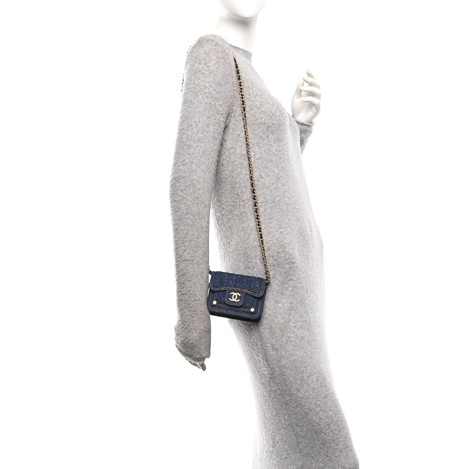 Chanel Denim Quilted Double You Card Holder On Chain Blue 2 of 11