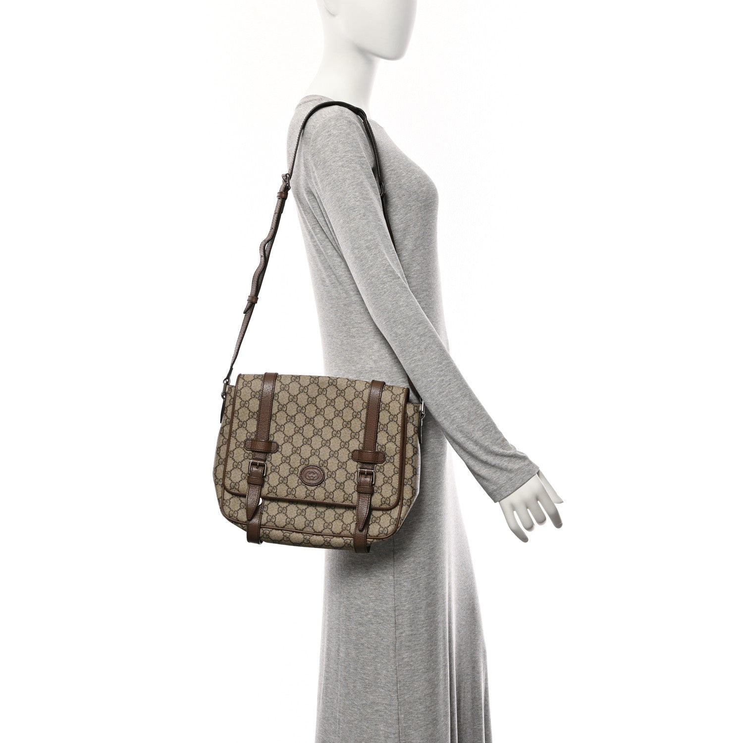 Gucci GG Supreme Monogram Textured Dollar Calfskin Retro Interlocking G Flap Messenger Bag Beige Ebony New Acero 2 of 11