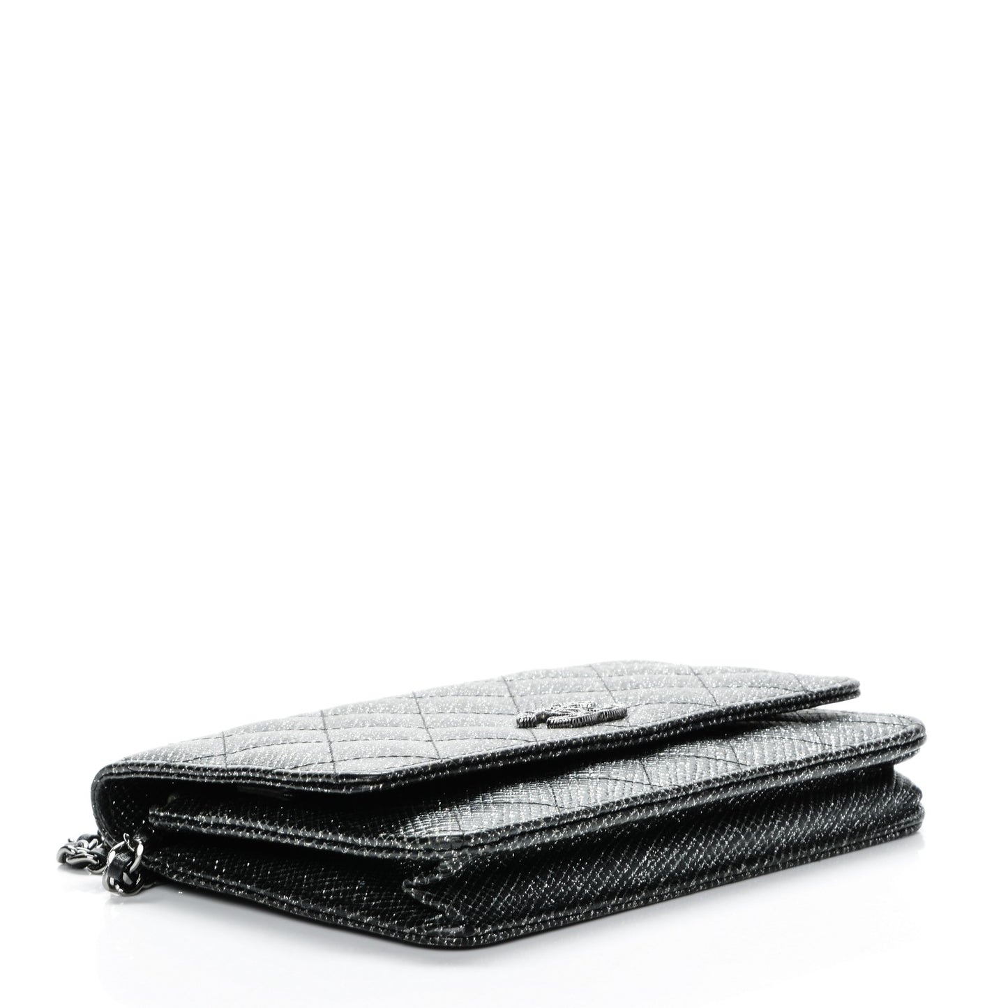 Glitter Calfskin Quilted Wallet on Chain WOC Black Silver