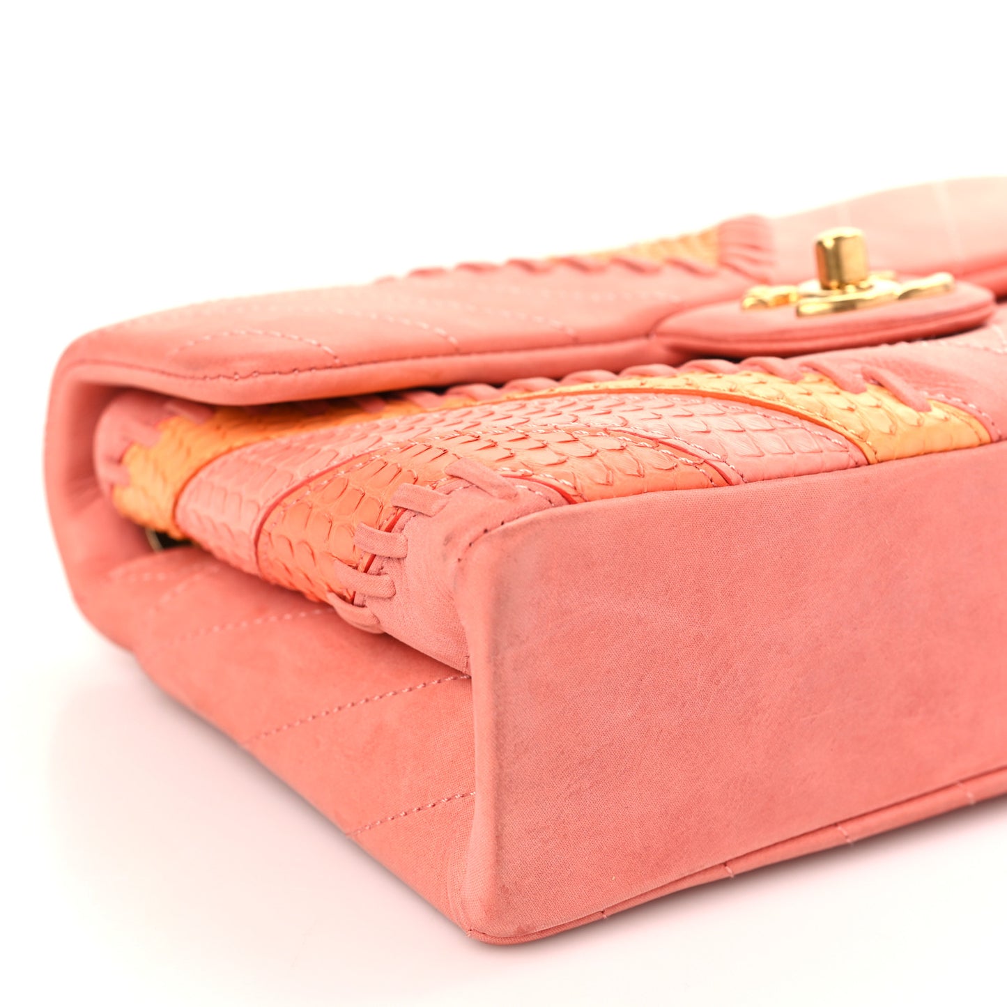 Iridescent Calfskin Snakeskin Patchwork Chevron Flap Coral