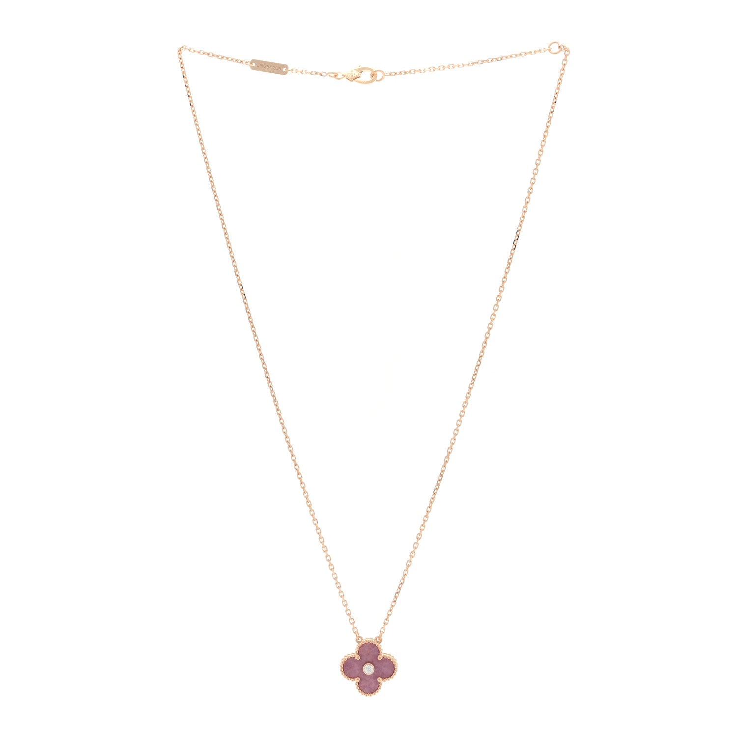 Van Cleef & Arpels 18K Rose Gold Diamond Rhodonite Vintage Alhambra Pendant Necklace 3 of 4