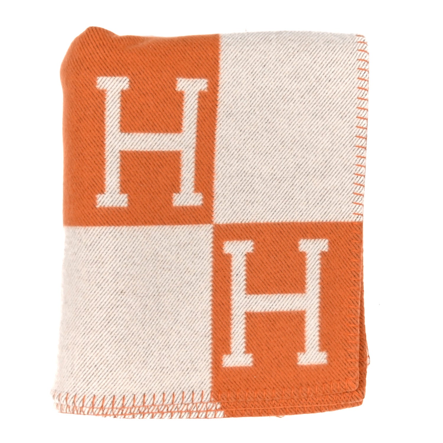 Hermes Wool Cashmere Signature Classic Avalon Blanket Ecru Potiron